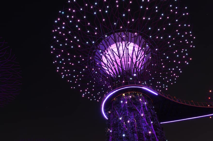 сады у залива, туристическая достопримечательность, Сингапур, архитектура, ночь, строительство, на открытом воздухе