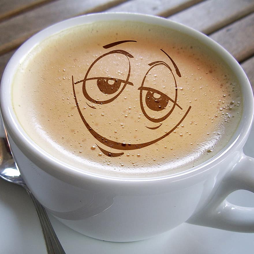 cangkir, kopi, busa, café au lait, tersenyum, tertawa, kegembiraan, senang, puas, busa kopi, cangkir kopi