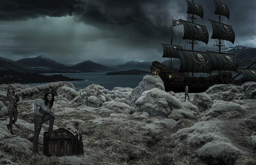 фантазія, піратський корабель, краєвид, море, Жінки-пірати, кохана, небо, темний, хмари
