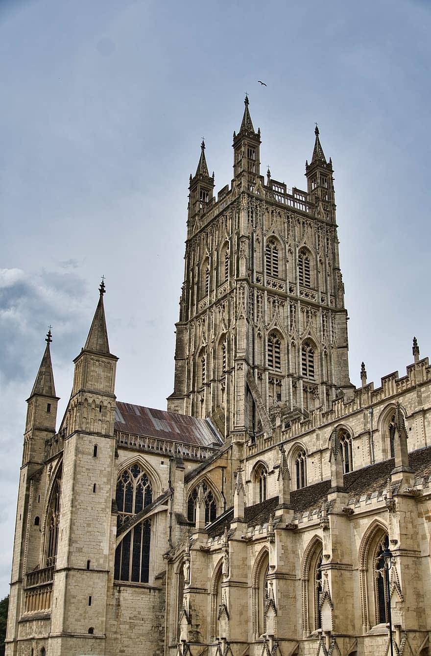 Gloucester katedrāle, katedrāle, tornis, spire, vēsturiska, gotiskais, norman, rumāņu, arhitektūra, baznīca, vecs