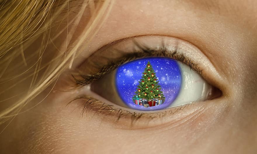 Natal, olho, árvore, presentes, menina, lindo, mulher, visão, feriados, dezembro, neve