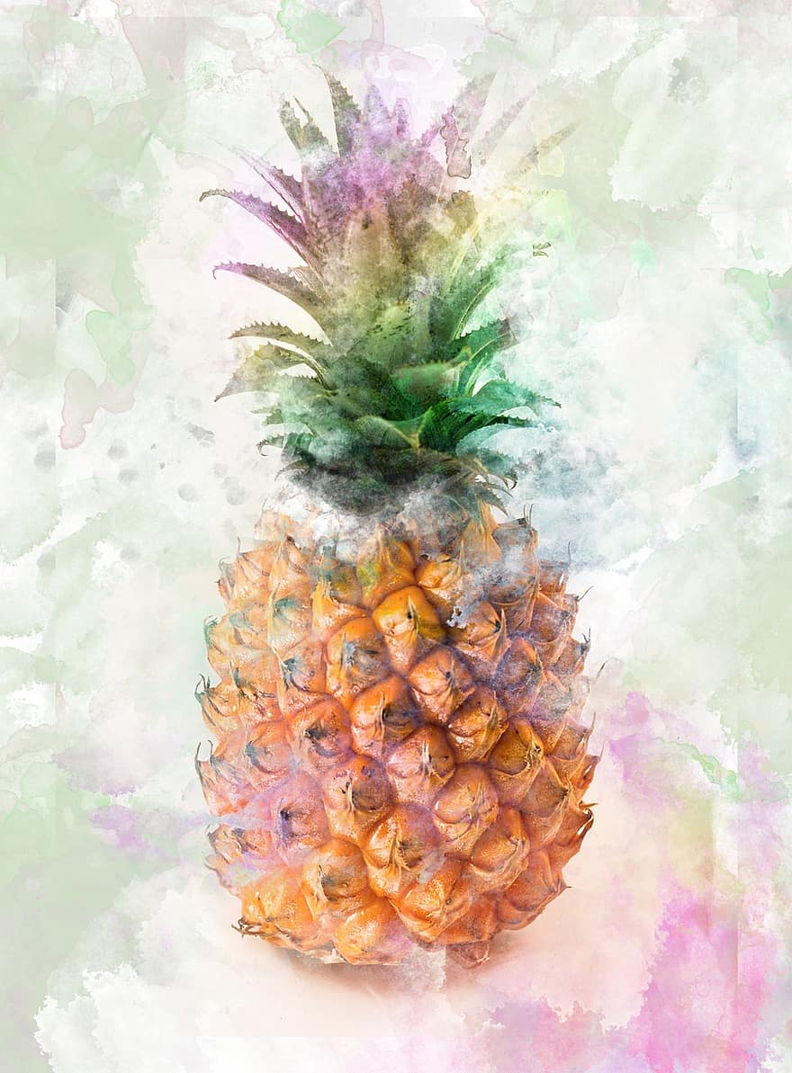 konst, vattenfärg, textur, bakgrund, frukt, ananas, färgrik, konstnärlig, måla, målning, scrapbooking