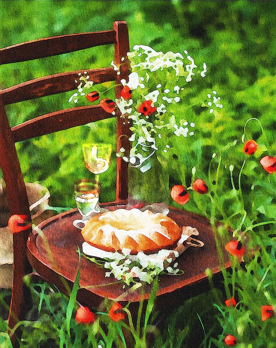 水彩、ピクニック、ワイン、ケーキ、アクワレル、白ワイン、椅子、夏、庭園、ストーリー、織り