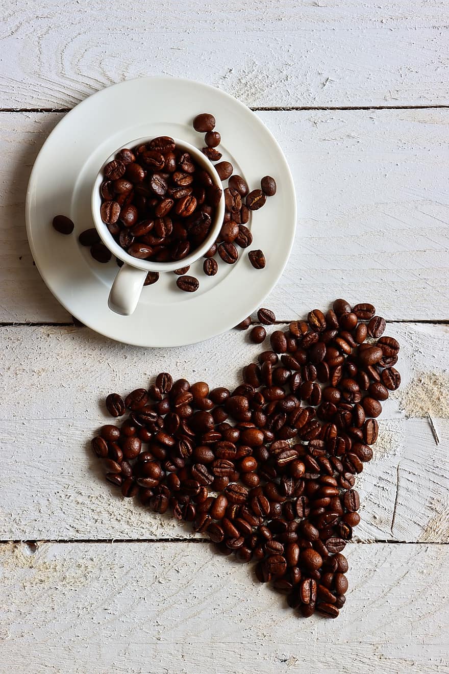cafè, cor, tassa, mongetes, grans de cafè, cafeïna, forma del cor, amor del cafè, pis pla, composició, al matí
