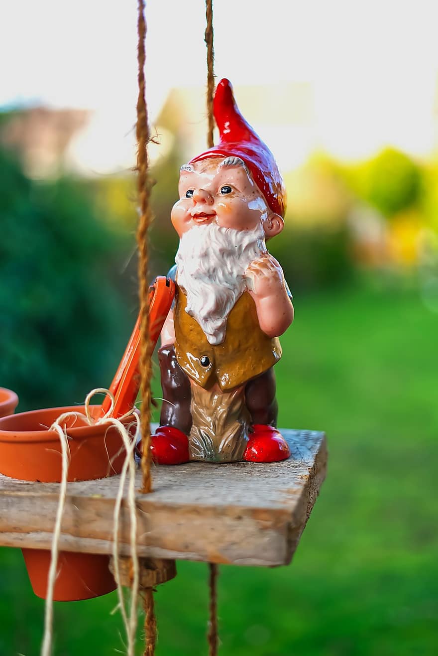gnome, dekoration, udendørs, have, parkere, legetøj, træ, grøn farve, lille, nuttet, græs