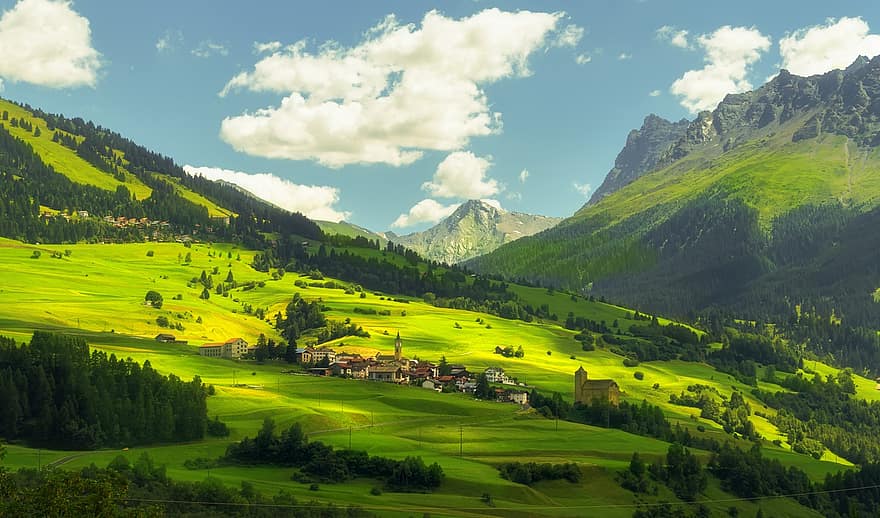 muntanyes, suïssa, poble, camp, paisatge, núvols, arbres, bosc, europa, naturalesa