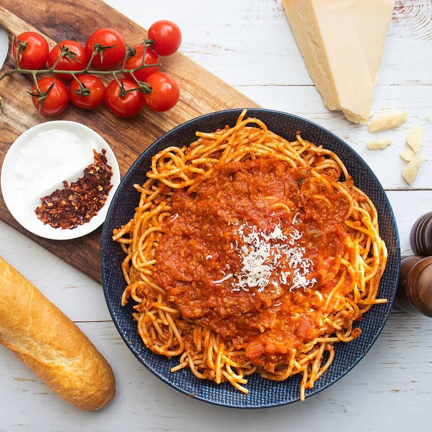 खाना, बोलोग्नीस सॉस, स्पघेटी, पास्ता, भोजन, Bolognese, थाली, चटनी, मांस, टमाटर, गाय का मांस
