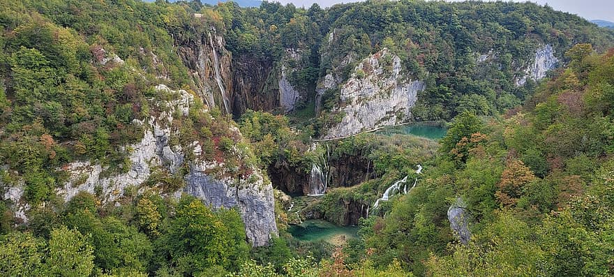 природа, водопади, Плитвице, Хърватия, езеро, водопад, гора, дървета, растителност, планина, есен