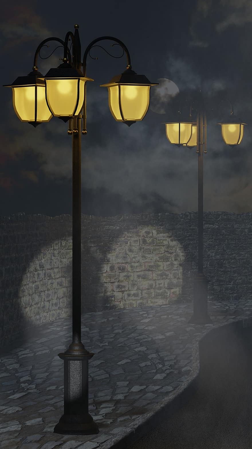 улично осветление, през нощта, осветление, мъгливо, атмосфера, асфалт, каменна стена, 3d