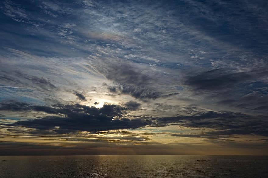 solnedgang, hav, utendørs, skyer, himmel, Liguria, reise