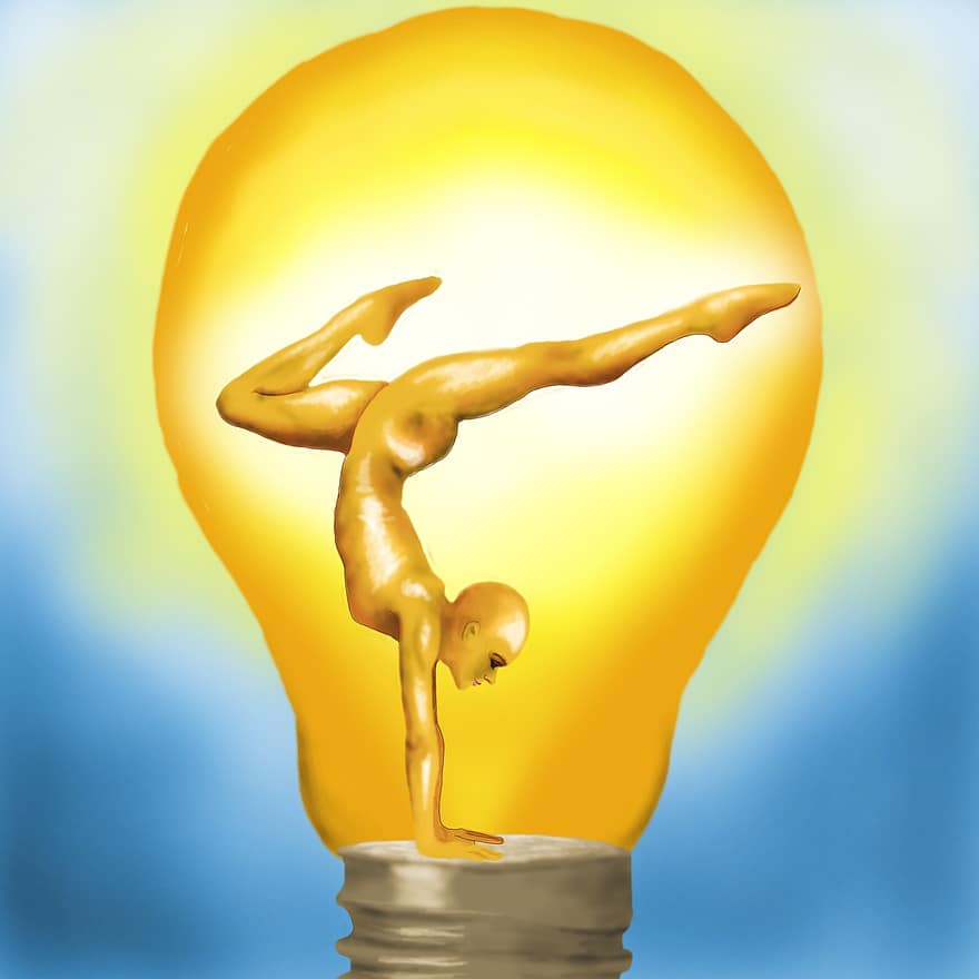 lyspære, yoga, person, posere, yoga pose, belysning, idé, konsept, trening, gløde, glødende