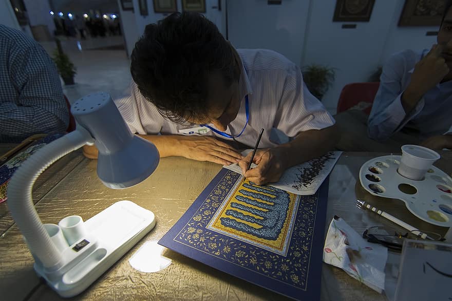 kalligrafi, kunstner, islamisk kunst, lampe, kunst, muslim, iransk, religion, mand, kultur, traditionel