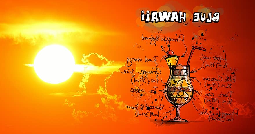kék hawaii, koktél, napnyugta, ital, alkohol, recept, party, alkohol függő, nyári, ünnepel, felüdítés