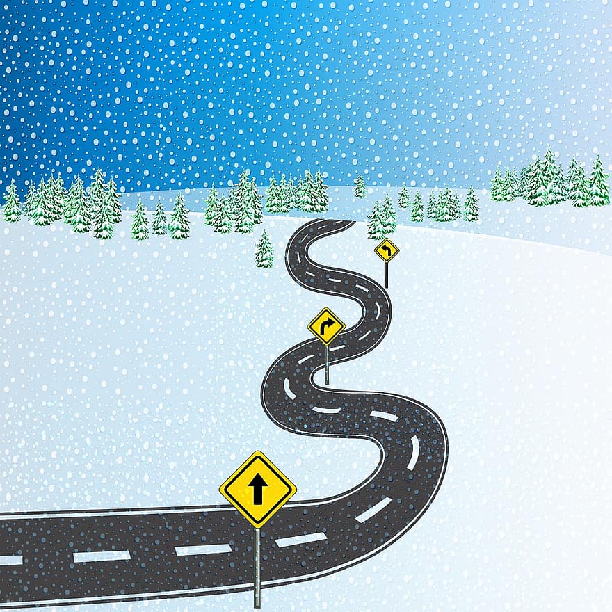 väg, snö, träd, blåsigt, snöfall, vinter-, snöflinga, jul, frost, vintrig, is