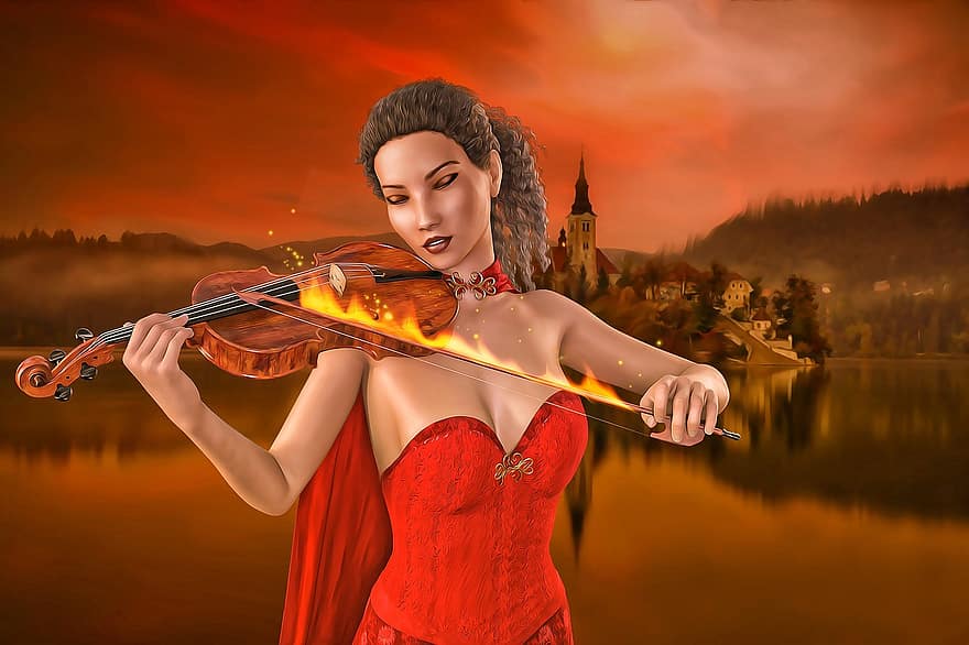 mulher, fêmea, gótico, fantasia, romântico, violino, fogo, chamas, lago, música, Brown Music
