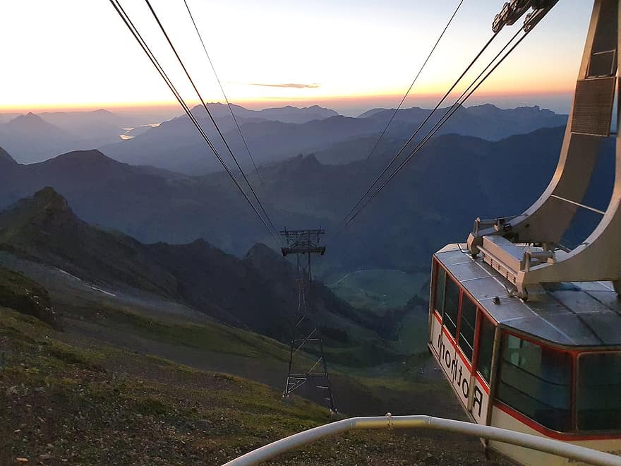 kereta gantung, matahari terbit, gunung, angkat gondola, alam, pegunungan Alpen, pemandangan, Fajar, pagi, puncak gunung, mobil kabel overhead