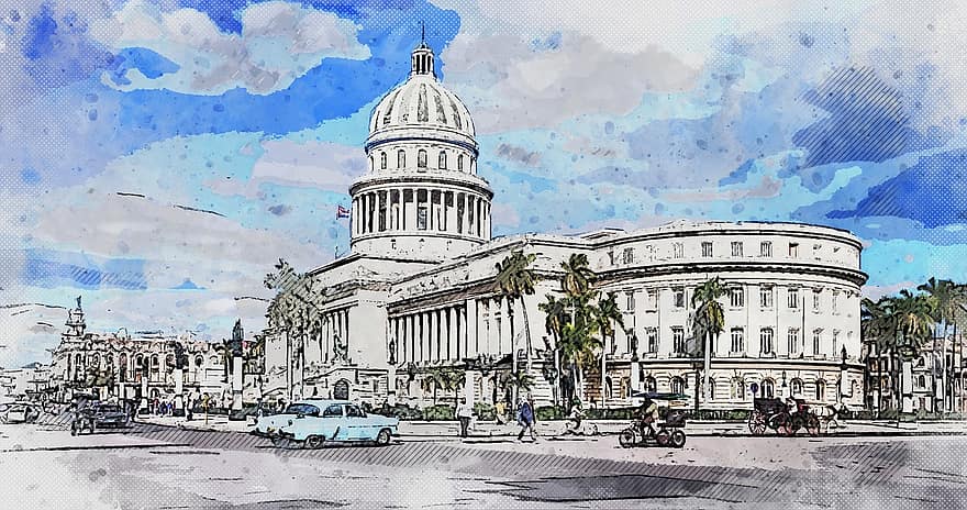 아바나, 쿠바, 국회 의사당 건물, 건축물, 경계표, 역사적인, 시티, 도시의, 야자수, 자동차, 고대 미술