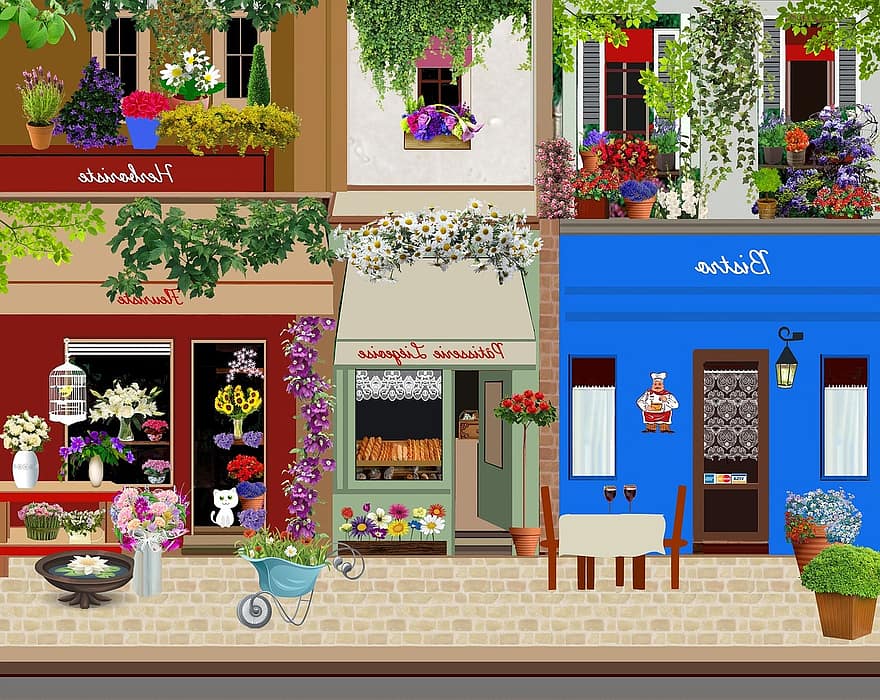 calle, pequeño restaurante, Pastelería, florista, ventanas, vitrinas, mesa, sillas, café, restaurante, las flores