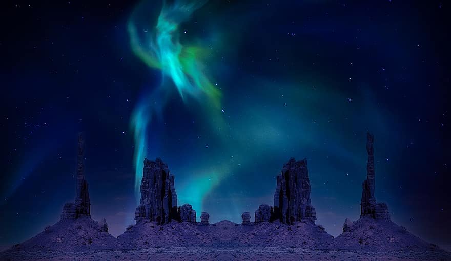 Aurora, Aurora Borealis, Desert, Landscape, Atmosphere, Phenomenon, Natural Phenomenon, Northern Lights, Badlands, Nature