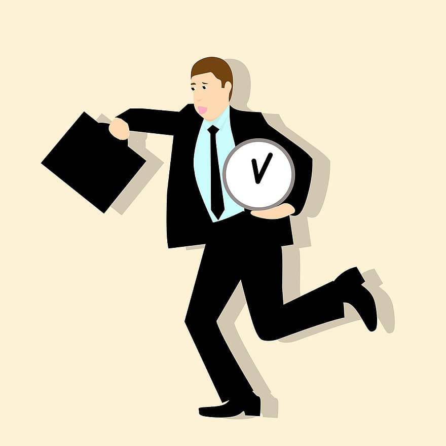 Briefcase, Businessman, Clock, Late, Running, Cartoon Character, Business Person, Employee, Man, Professional, Hurry