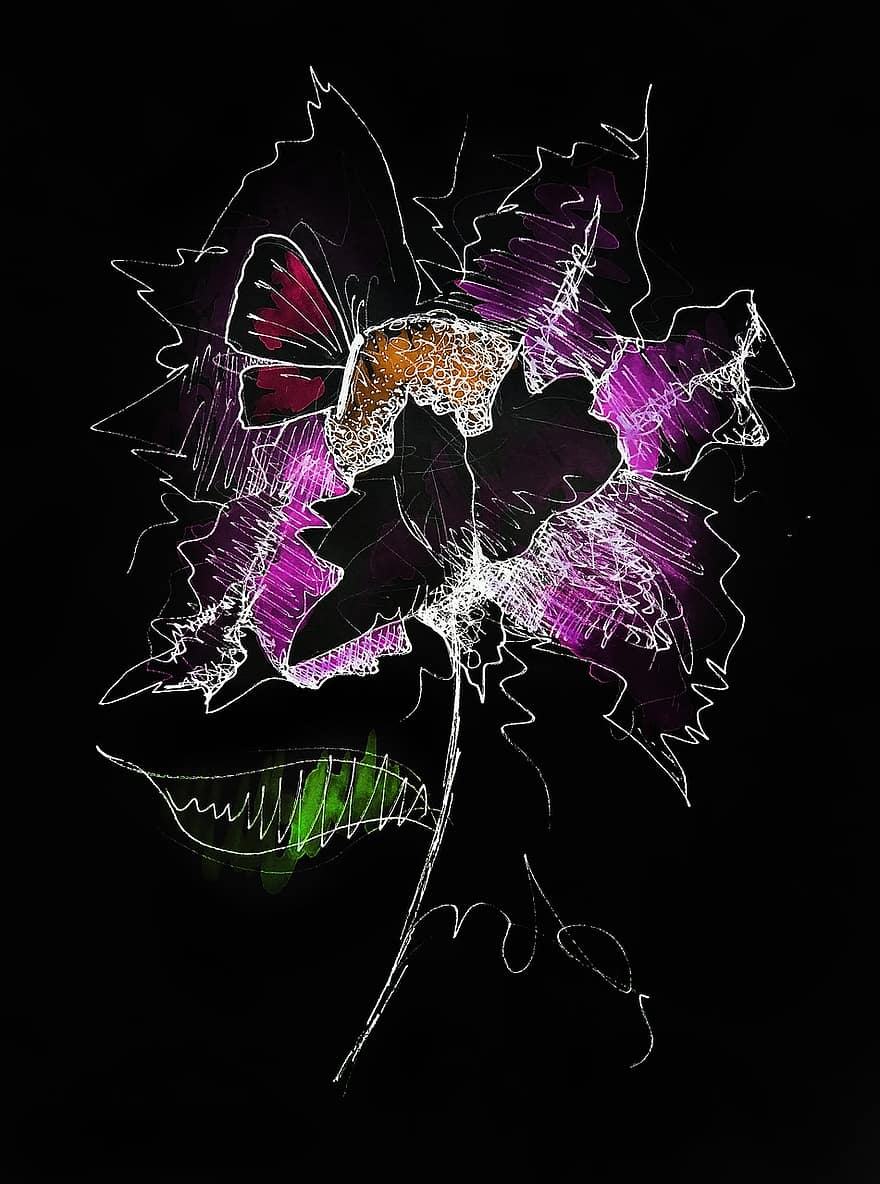 Flower, Neon, Black Background, Brightly, Contrast, Neon Flowers, Neon Drawings, Bud, Pink, Nature, Butterfly