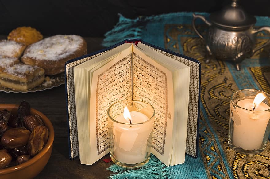ислям, Коран, религиозен текст, религия, свещ, пламък, маса, Книга, украса, фонове, топлина