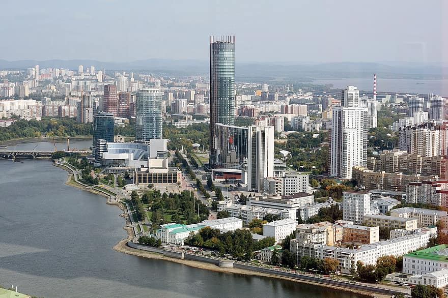 Екатеринбург, Русия, архитектура, град, небостъргач, сграда, река, градски пейзаж, градски силует, известното място, външна сграда