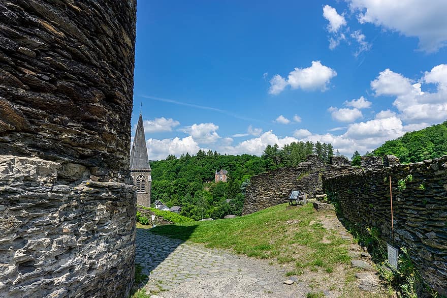 fortaleza, ruínas, ardenas, la roche, Bélgica, wallonia, fortificação, forte, cidadela, arquitetura, stoneworks