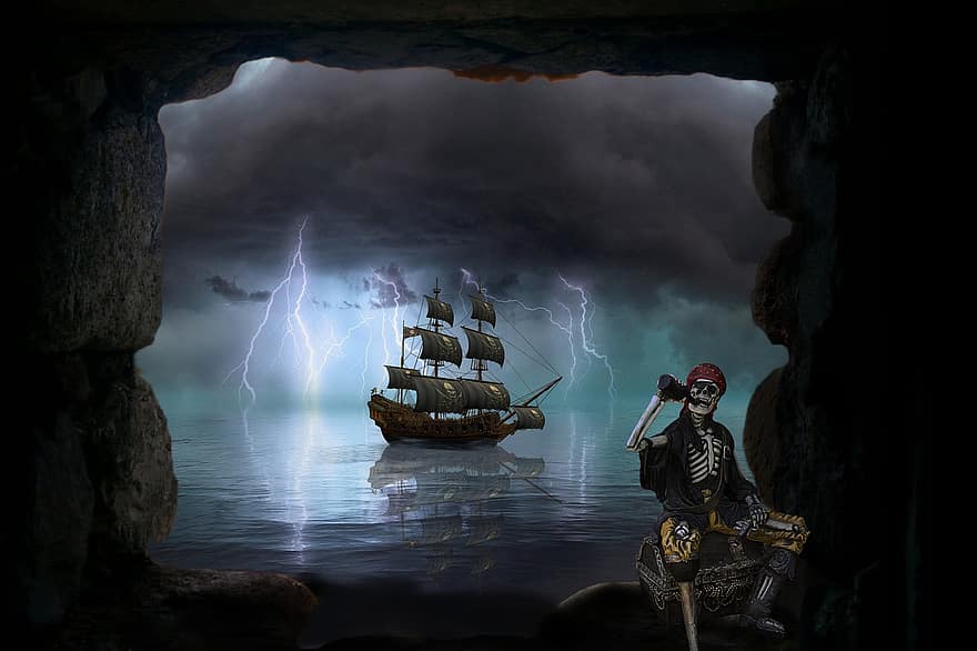 achtergrond, stormachtig, bliksem, schip, skelet, borst, nautisch schip, zeilschip, mannen, zeilboot, zeil-