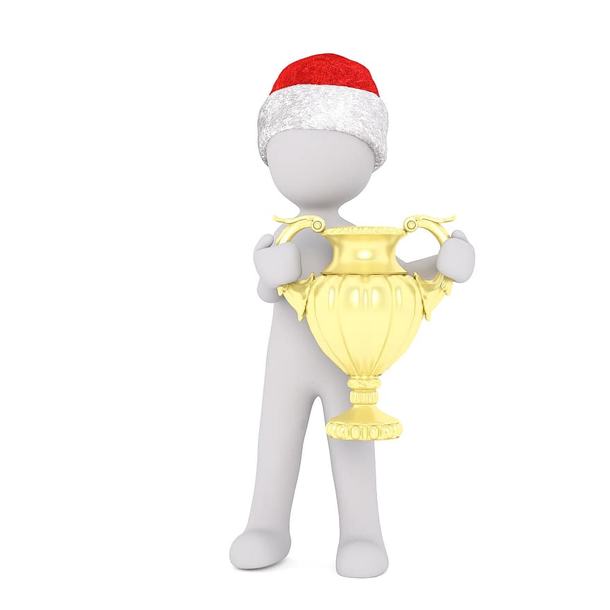 hombre blanco, aislado, modelo 3d, Navidad, sombrero de Santa, cuerpo completo, blanco, 3d, figura, ganador, vaso