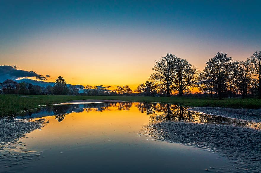 campo de golf, estanque, puesta de sol, reflexión, agua, arboles, silueta, luz del sol, oscuridad, crepúsculo, paisaje