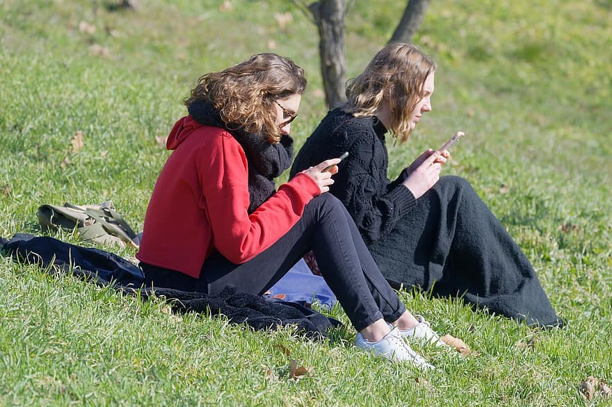 дівчаток, разом, трави, парк, розслаблення, на відкритому повітрі, жінки, спосіб життя, чоловіки, сидячи, посміхається