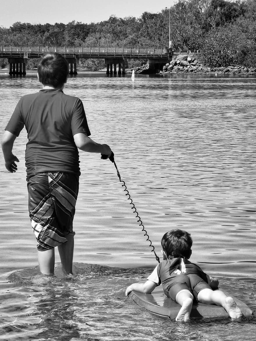 Lac, nager, été, les enfants, frères, frères et soeurs