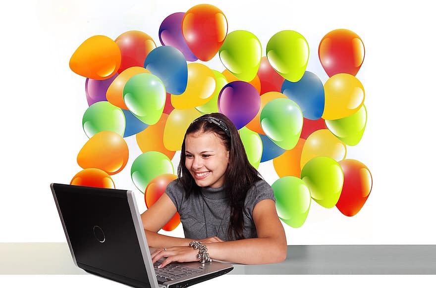 Woman, Girl, Joy, Balloon, Fun, Laptop, Notebook, Screen, Monitor, Viewing, To Watch