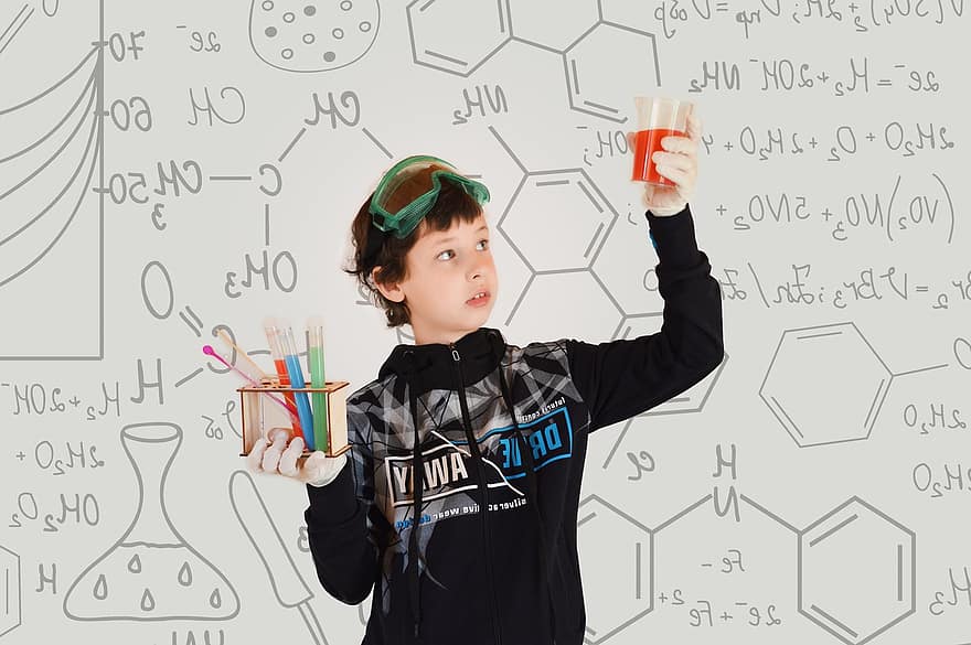 chemie, dítě, experiment, Věda, učení se, experimentování, Chemikálie, chlapeček, student, vzorců, škola