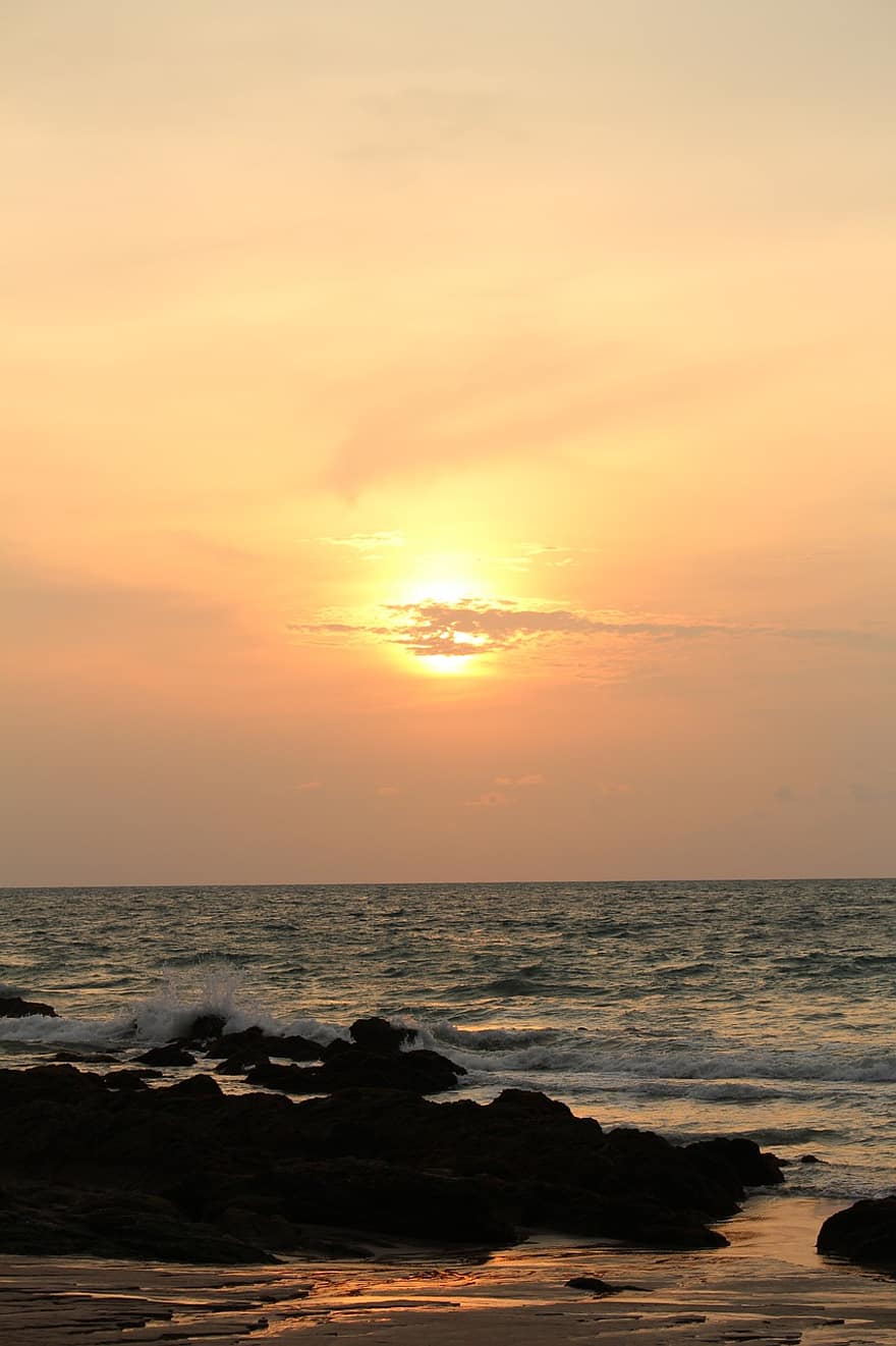 pláž, písek, oceán, moře, vln, západ slunce, horizont, mraky, Thajsko