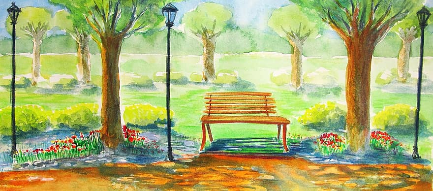 parc, estiu, aquarel·la, a l'aire lliure, verd, herba, assolellat, colorit, dia, cadira, paisatge