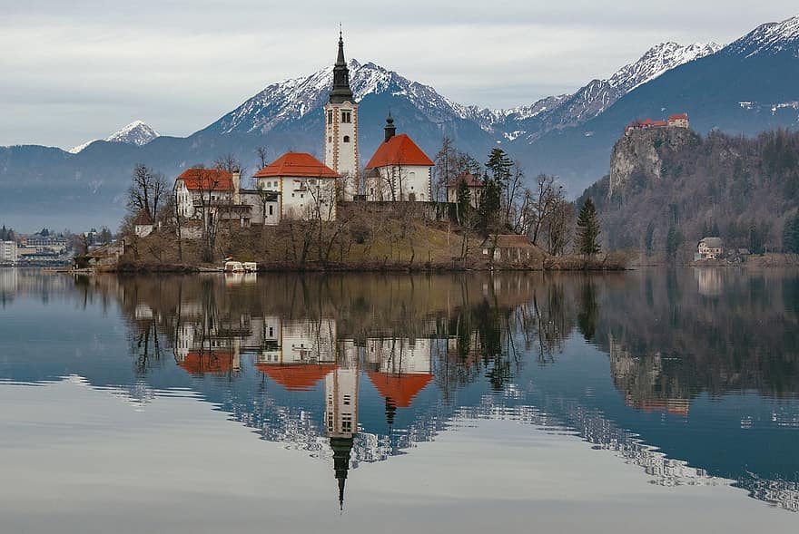 kirkko, slovenia, järvi, bled, maisema, vuoret, kristinusko, arkkitehtuuri, uskonto, kuuluisa paikka, vesi