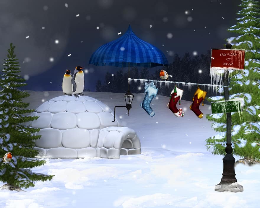 зима, сняг, пингвини, Зимна страна на чудесата, иглу, Северен полюс, Коледа, лед, сладък, празник, характер