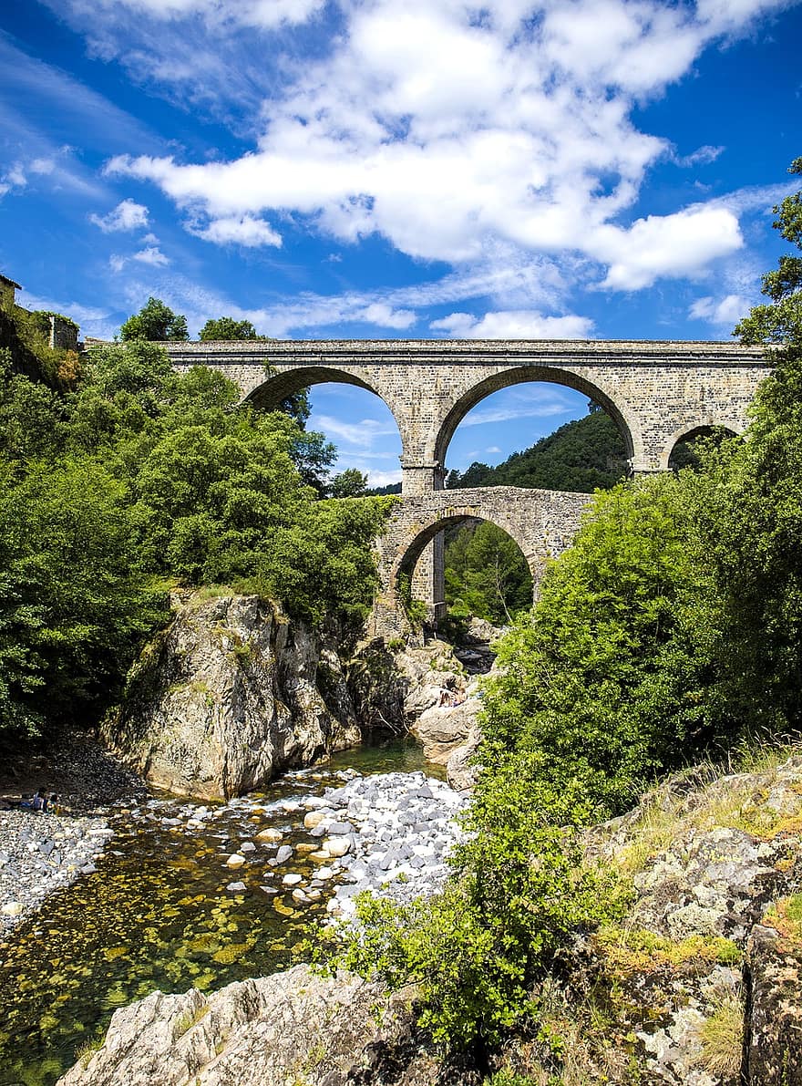 Nature, River, Bridge, Ardèche, Architecture, arch, water, landscape, famous place, old, history
