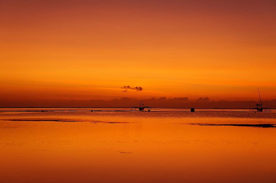 морски пейзаж, оранжево небе, разсъмване, море, океан, вода, хоризонт, силует, лодки, nusa dua, Бали