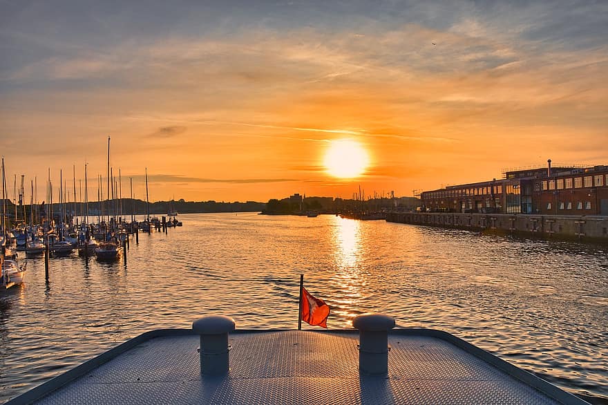 Sunset, River, Ship, Sun, Sunlight, Orange Sky, Port, Harbor, Boats, Water, Dusk