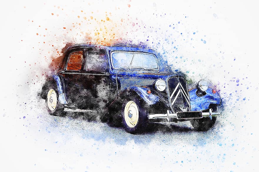 Car, Black, Oldtimer, Citroen, Watercolor, Vintage, Auto, Retro, Vehicle, Wheel, Colorful