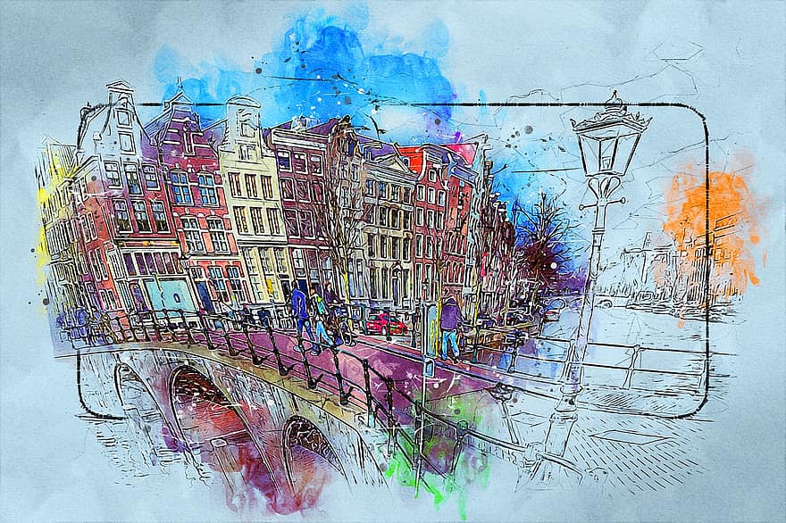 Αμστερνταμ, ζωγραφική, πόλη, γέφυρα, αρχιτεκτονική, keizersgracht, Ολλανδία, δημιουργικότητα, απεικόνιση, πολύχρωμα, αστικό τοπίο