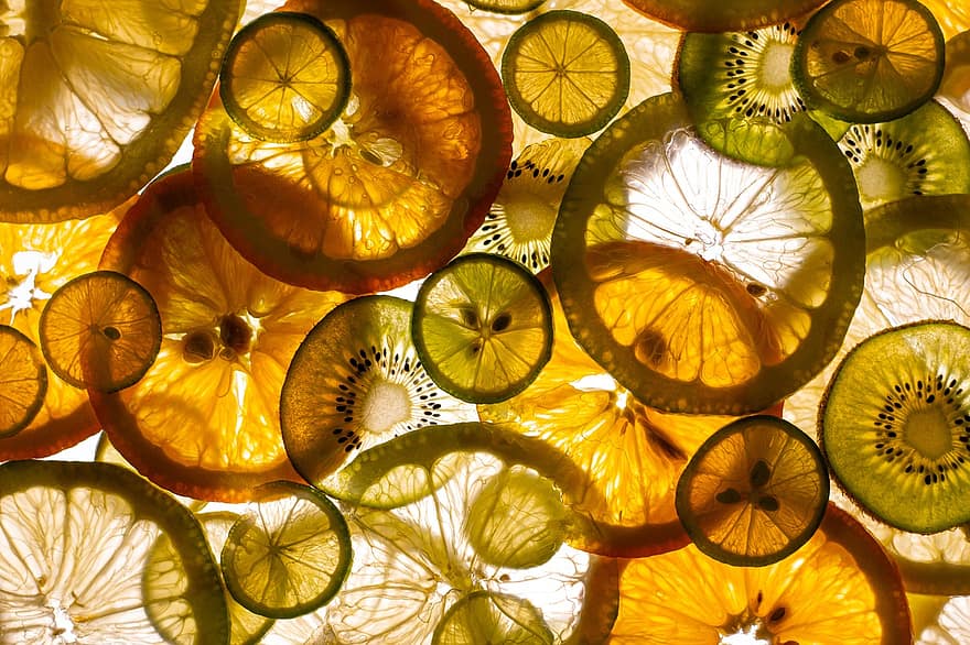 apelsiner, citroner, kiwi, Tvärsnitt, skivor, citrus-, limefrukter, citrusfrukter, bakgrundsbelysning, sur, frukt