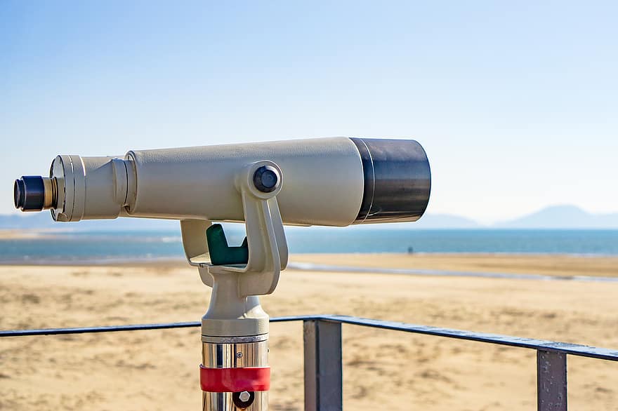 ống nhòm, kính thiên văn, kính tiềm vọng, kính ngắm, lượt xem, bờ biển, cát, đại dương