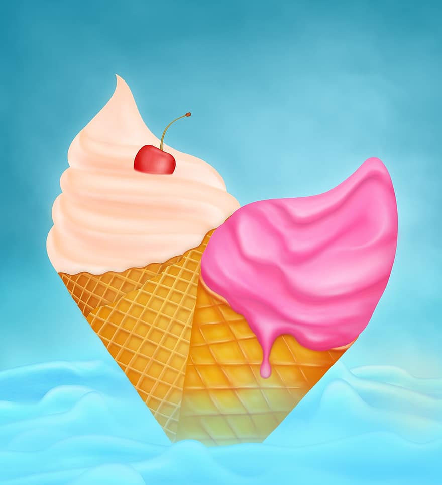 디저트, 크림, 여름, 바닐라, 딸기 아이스크림