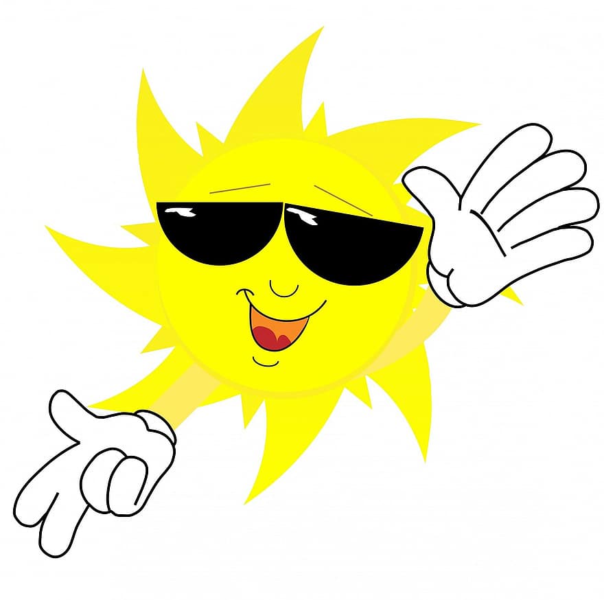 солнце, лицо, солнцезащитные очки, счастливый, Руки, большой, улыбка, улыбается, солнце лицо, мультфильм, персонаж