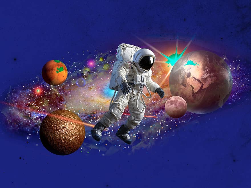 fundo, espaço, planetas, astronauta, fantasia, arte do espaço, sistema solar, espaço sideral, arte digital