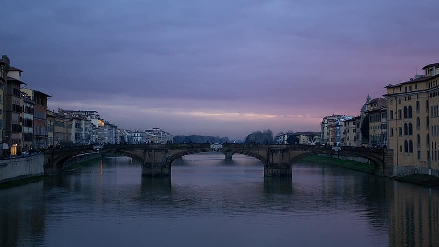 St Trinity Bridge, bro, flod, landmärke, byggnader, arkitektur, historisk, stad, florens, Italien, natt